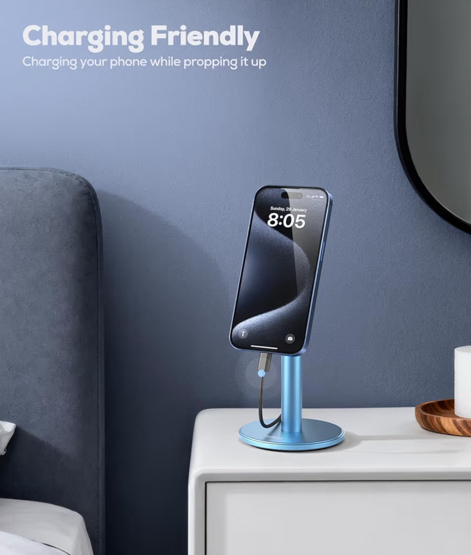 Magnetiese Volledig Aluminium Foonstaander, 360° Draaibaar vir Lessenaar m/ Metaalring, Verstelbare Houer met MagSafe-tas - Blou