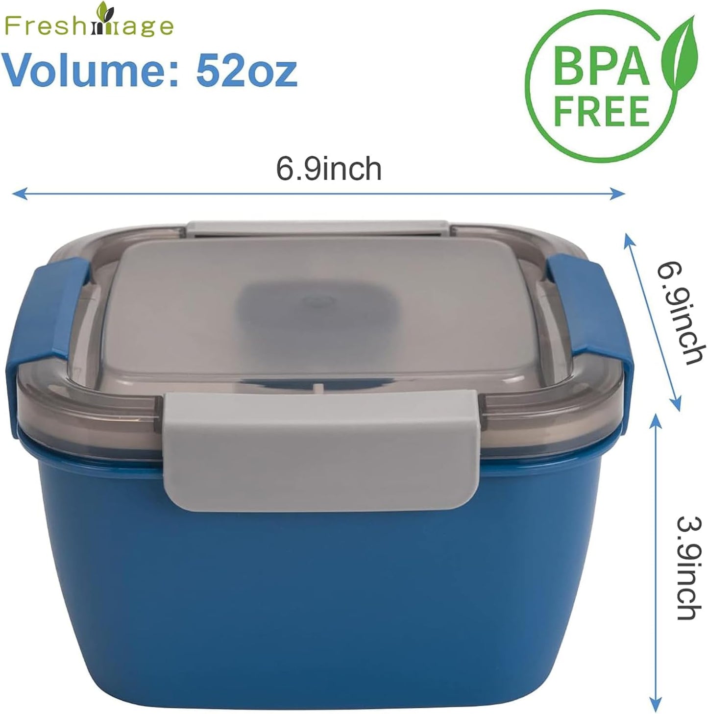 Freshmage Slaai Middagetebouer Vir Onderweg, 52-oz Slaaibakke Met 3 Kompartemente, Slaaisoushouer Vir Slaai Toppings, Peuselhappies, Mans, Vroue (Blou)