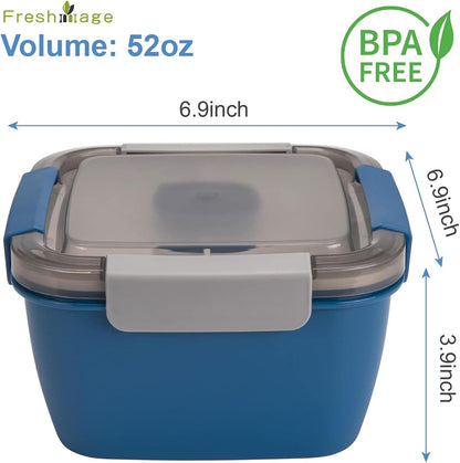 Freshmage Slaai Middagetebouer Vir Onderweg, 52-oz Slaaibakke Met 3 Kompartemente, Slaaisoushouer Vir Slaai Toppings, Peuselhappies, Mans, Vroue (Blou)