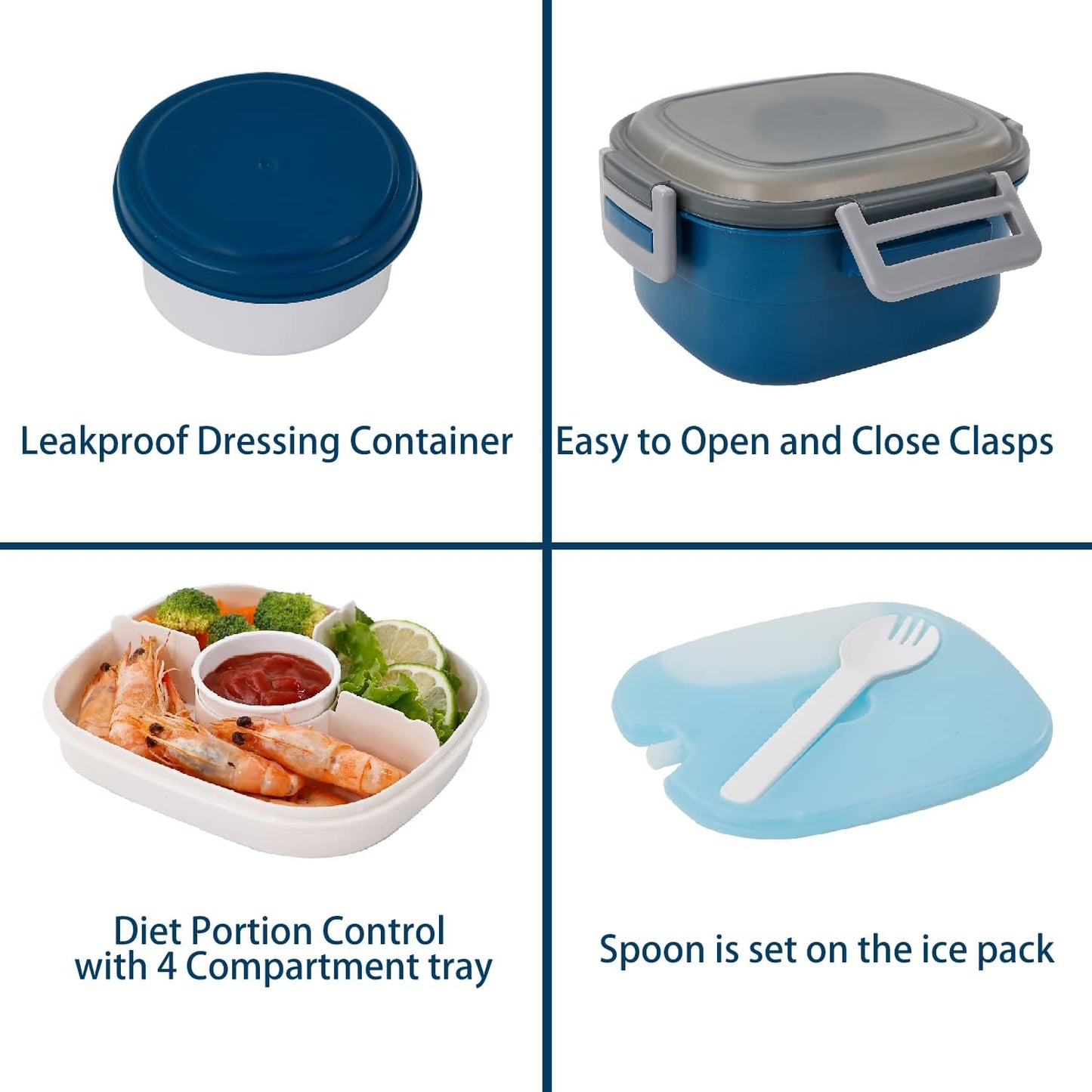 Freshmage Slaaikoppieshouer vir Middagete met Yspak, Lekvrye BPA-vry 52-oz met 4 Kompartemente, Slaai Middagetehouer vir Mans, Vroue (Blou+Yspak)