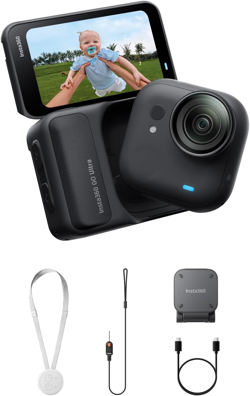 Insta360 GO Ultra - Small 4K Vlogging Camera, Hands-Free, POV Cam, 1/1.28" Sensor, 53g Lightweight, 156° FOV, 200 Min Battery Life, Magnetic Wearable Action Camera for Sports, Vlog，Midnight Black