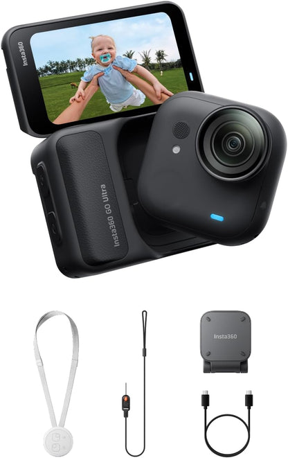 Insta360 GO Ultra - Small 4K Vlogging Camera, Hands-Free, POV Cam, 1/1.28" Sensor, 53g Lightweight, 156° FOV, 200 Min Battery Life, Magnetic Wearable Action Camera for Sports, Vlog，Midnight Black