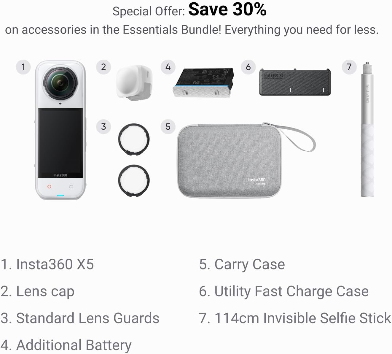 Insta360 X5 Essentials Bundle Satin White - Waterproof 8K 360° Action Camera, Leading Low Light, Invisible Selfie Stick Effect, Rugged and Replaceable Lens, 3-Hour Battery, Built-in Wind Guard