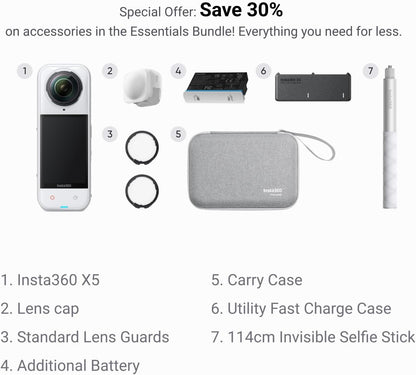 Insta360 X5 Essentials Bundle Satin White - Waterproof 8K 360° Action Camera, Leading Low Light, Invisible Selfie Stick Effect, Rugged and Replaceable Lens, 3-Hour Battery, Built-in Wind Guard