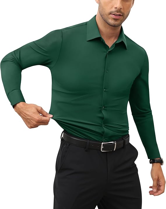 Mans Langmou Slim Fit, Spiervas, Kreukelvry, Knoop-af Rekbaar