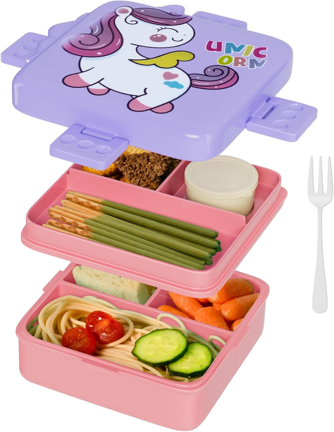 Freshmage Bento-houer, Dubbellaagse Middagetevakkie met 3 Kompartemente, Groot Kapasiteit, Lekvry en BPA-vrye Bento-middageteboks, Duursaam, Valbestand, Skottelgoedwasser- en Mikrogolf-veilig, Pienk