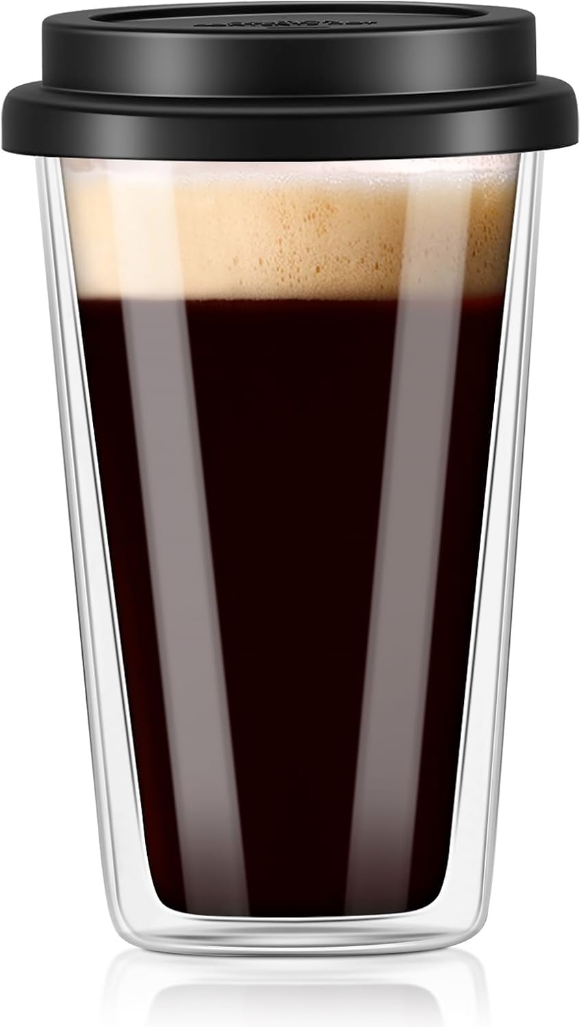 Freshmage Dubbelwand Glas Koffiebekers met Silikoon Deksele, 350 ml Geïsoleerde Drinkkoffiekoppies met Deksele, Skottelgoedwasser-veilige Herbruikbare Glas Yskoffiekoppies vir Oggendkoffie, Warm of Koue Drank
