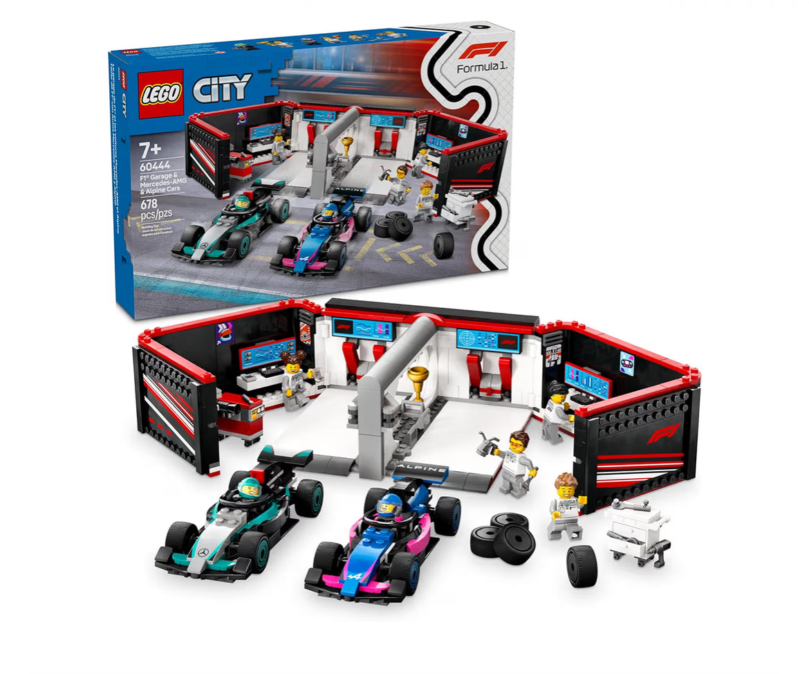 LEGO City F1 Motorhuis & Mercedes-AMG & Alpine Motorspeelgoed - Modelrenmotorbouwspeelgoed en Draagbare Speelstel F1-Versamelstuk - 60444