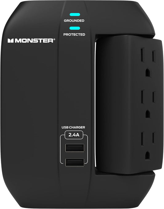 Monster Muurprop 6-Sok-Verlenger met Sok-Oorlaaibeskermer vir Huis, Reis, Kantoor, Huishoudelike Toestelle, Rekenaars en Slimfoon-toestelle - 2 USB-poorte, 450J, en ETL Gelys