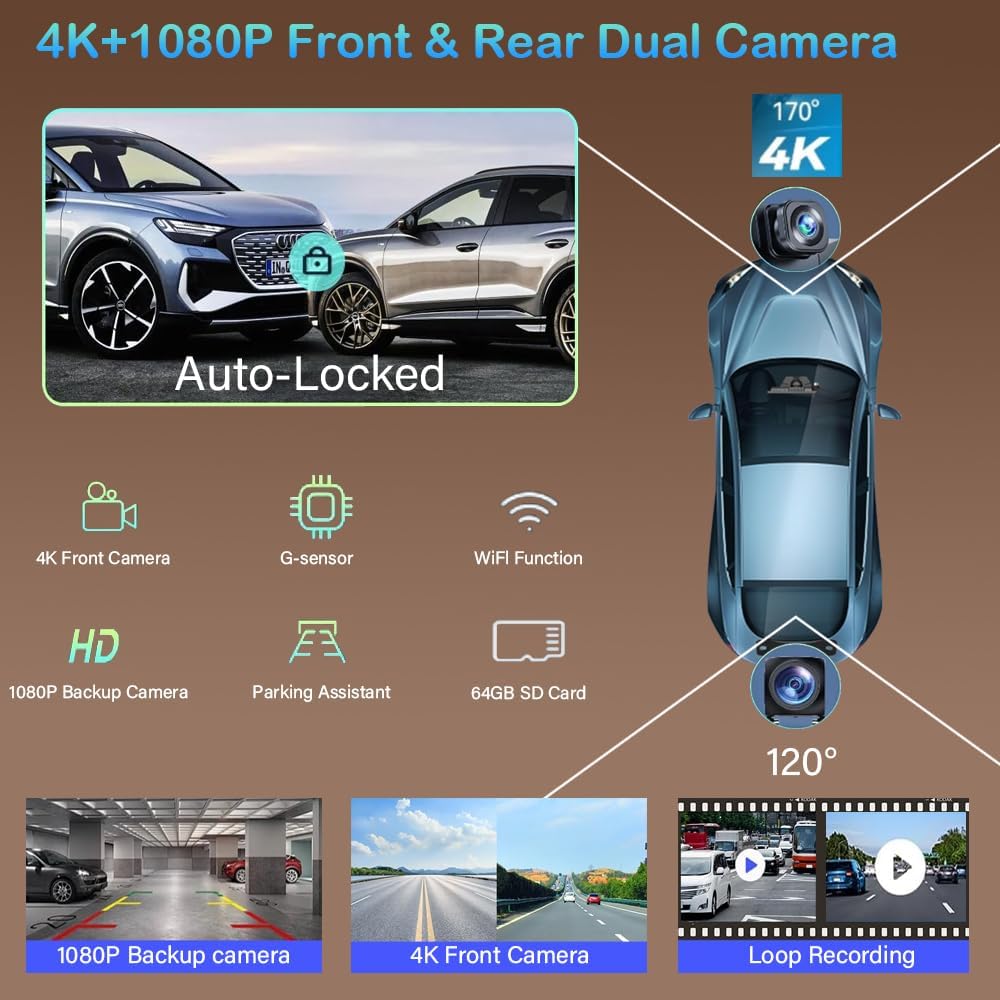 Wireless Carplay 4k Ultra HD Screen 10.26 Inches 360 Rotation Dash Cam Carplay & Android 1080p GPS Navigation/Mirror Link/Voice Control/Siri/FM Satellite Radio Receiver