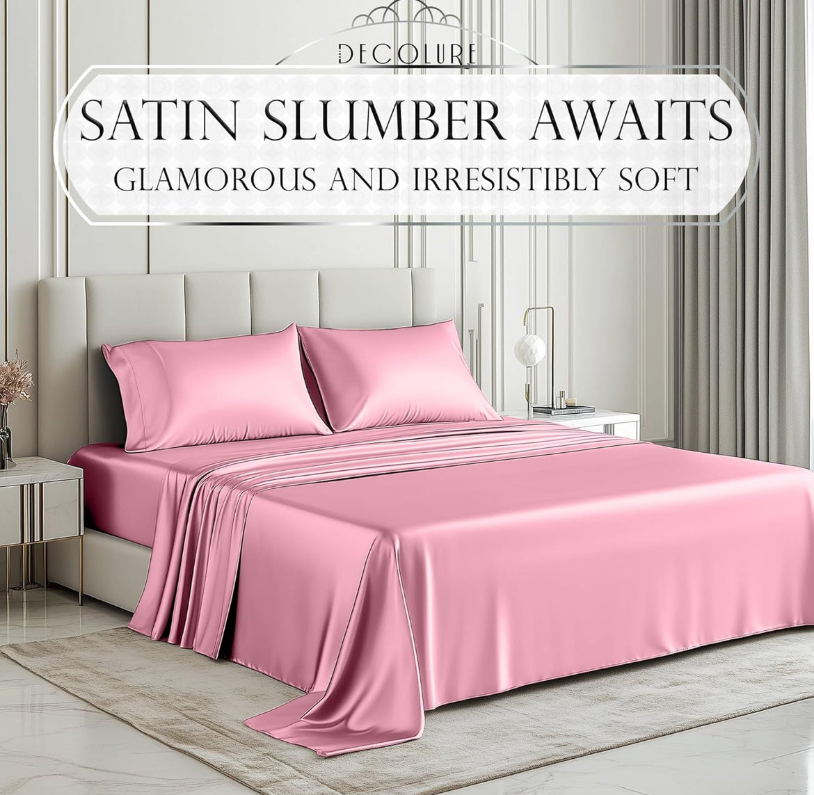 DECOLURE Satin Bed Sheets - 4 Piece Luxury Silky Queen Size Bedding Set - Softer Than Silk, Wrinkle-Free with 15” Deep Pocket Fitted Sheet, Perfect for Hair & Skin, Gifts for Women (Pink)