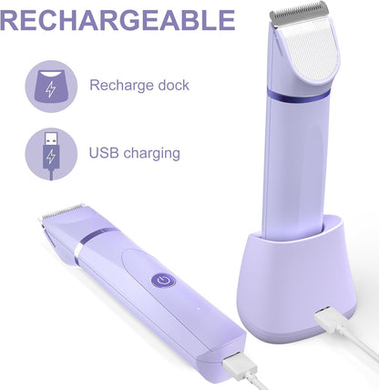 OLOV Electric Body Hair Trimmer - Groin Trimmer for Men - Bikini Trimmer Women - Wet/Dry Shaver Groomer, Replaceable Ceramic Blade Heads, USB Recharge Dock, Waterproof Hygiene Razor,Purple