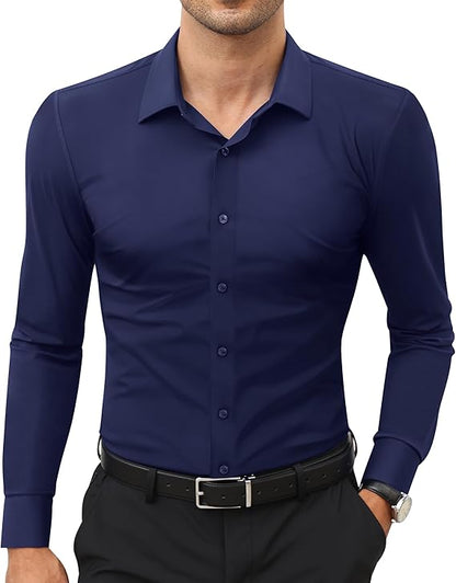 Mans Langmou Slim Fit, Spiervas, Kreukelvry, Knoop-af Rekbaar