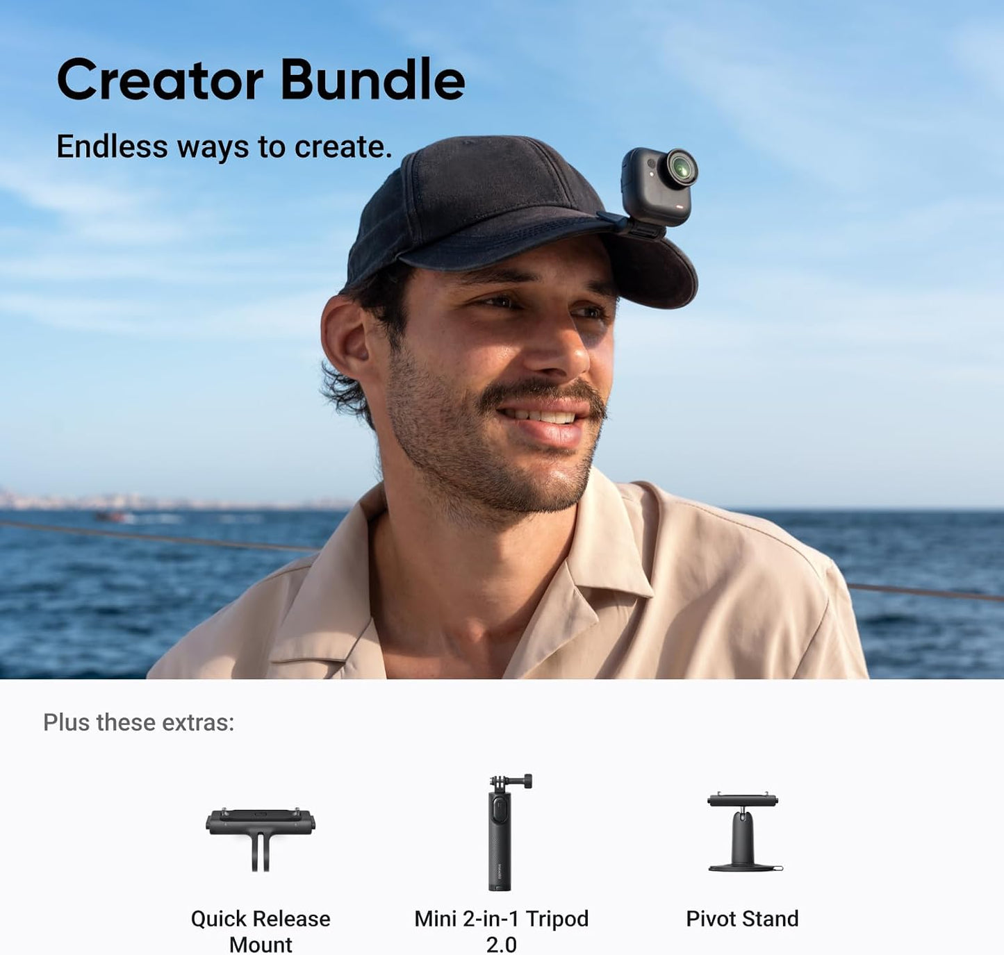 Insta360 GO Ultra Creator Bundle - Small 4K Vlogging Camera, Hands-Free, POV Cam, 1/1.28" Sensor, 53g Lightweight, 156° FOV, 200 Min Battery Life, Magnetic Wearable Action Camera for Sports, Vlog