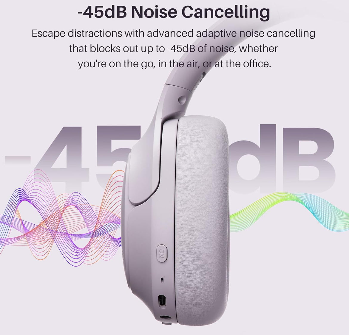 HT3 Hybrid Noise Cancelling Headphones, 90H Battery Life Over Ear Bluetooth 6.0 Foldable Headset, AI Voice Assistant - Light Purple