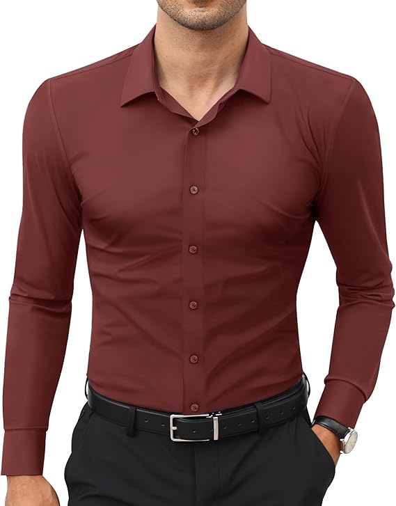 Mans Langmou Slim Fit, Spiervas, Kreukelvry, Knoop-af Rekbaar