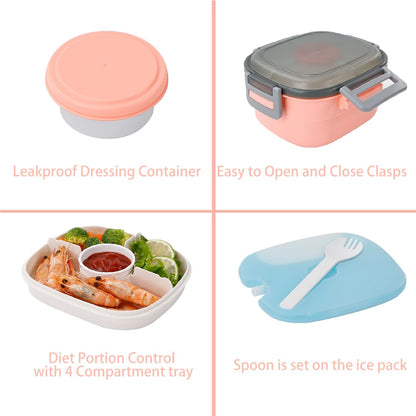 Freshmage Slaaikoppieshouer vir Middagete met Yspak, Lekvrye BPA-vrye 1,5 L Middagetehouer met 4 Kompartemente, Slaai vir Mans, Vroue (Pienk+Yspak)
