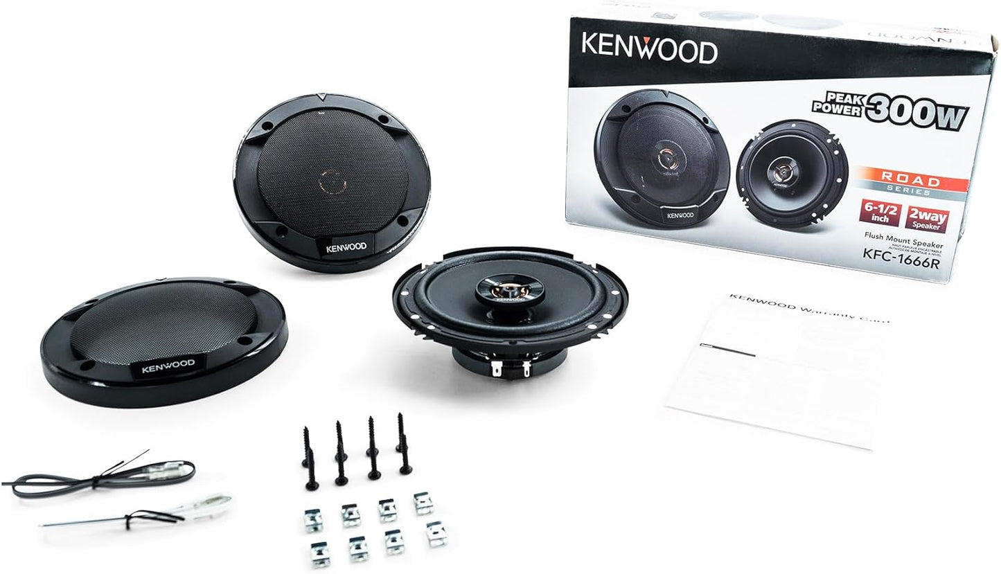 Kenwood KFC-1666R Road Series Karooiers (Paar) - 6.5" 2-rigting Kar Koaksiale Luidsprekers, 300W, 4-Ohm Impedansie, Lapwoofer & Gebalanseerde Koepeltweeter, Swaar Diens Magneet Ontwerp