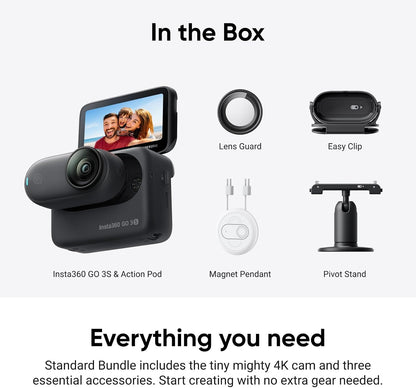 Insta360 GO 3S - 64 GB Black 4K Tiny Portable Vlogging Camera, Hands-Free POVs, Mount Anywhere, 140 Min Battery Life, 10m Waterproof, Pet POV