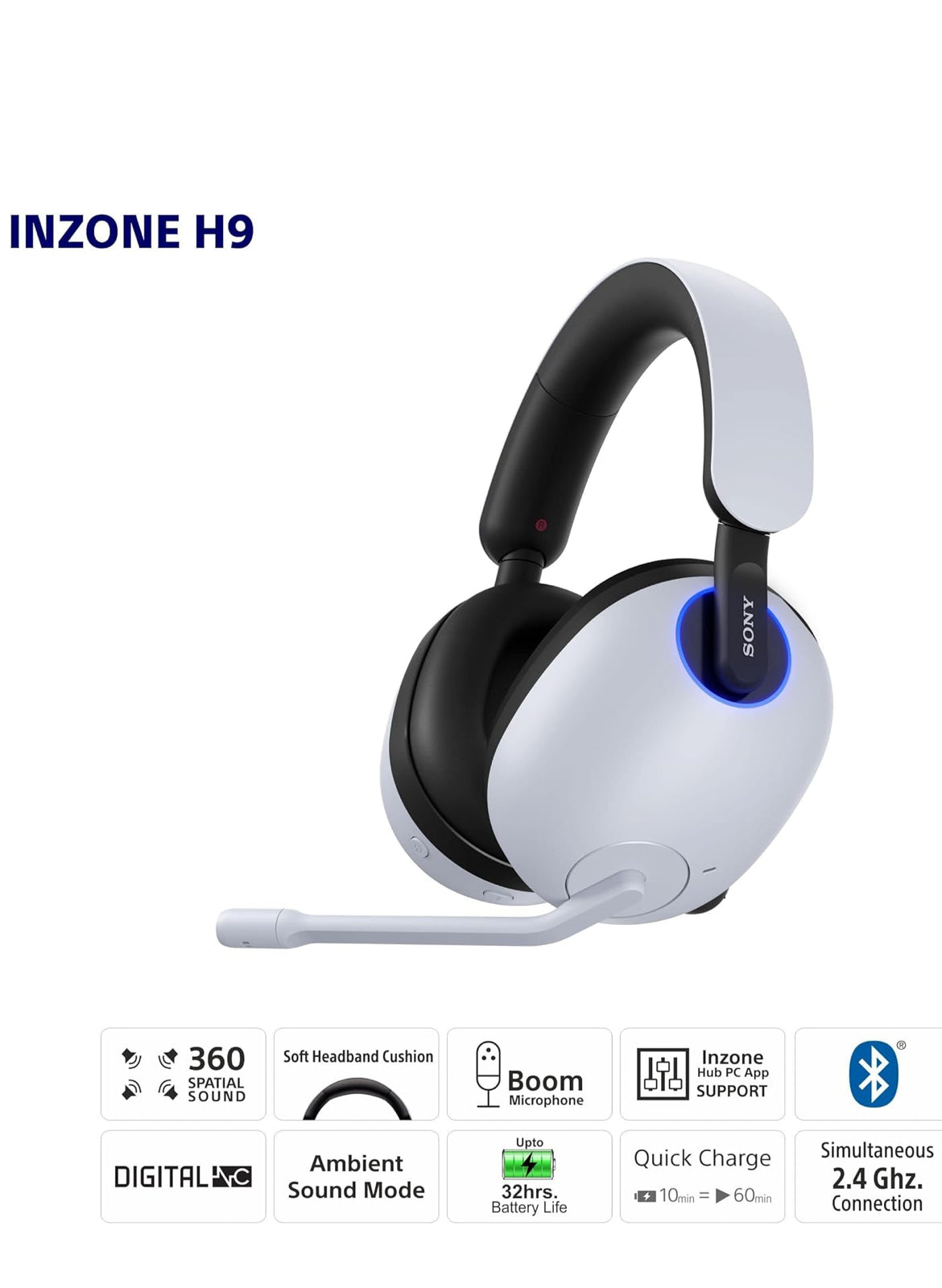 Sony INZONE H9 Speletjie-koptelefoon, Draadlose geraasonderdrukking Bluetooth-koptelefoon met mikrofoon, 360 ruimtelike klank, vir rekenaar en PS5 (WH-G900N) - Wit