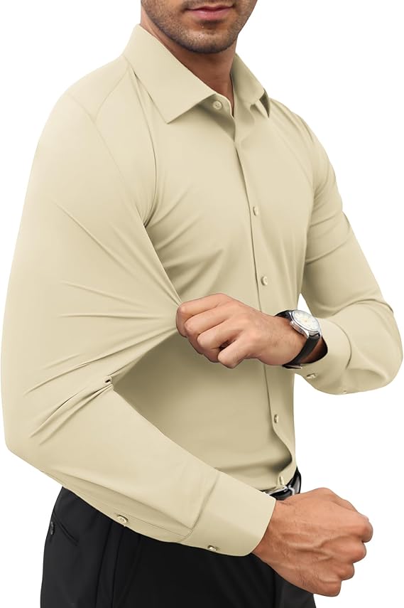 Mans Langmou Slim Fit, Spiervas, Kreukelvry, Knoop-af Rekbaar