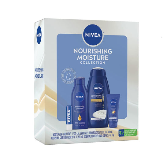 NIVEA Velversorgingstel vir Haar, Voedende Lyfwas, Bevogtigende Lyfroom, Lippenbalsemstiffie met Shea Botter, & Handeroom, 4-Stuk Geskenkstel