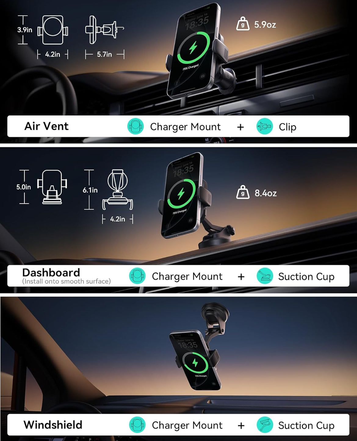 INIU Car Phone Holder for Magsafe, Qi2 Certified Wireless Car Charger for Cell Phone Mount Dash【360°】 Phone Mount Auto Clamping Car Accessories Compatible with iPhone 16 15 14 13 Xs XR Samsung S23 etc