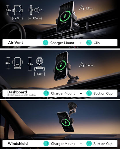 INIU Car Phone Holder for Magsafe, Qi2 Certified Wireless Car Charger for Cell Phone Mount Dash【360°】 Phone Mount Auto Clamping Car Accessories Compatible with iPhone 16 15 14 13 Xs XR Samsung S23 etc