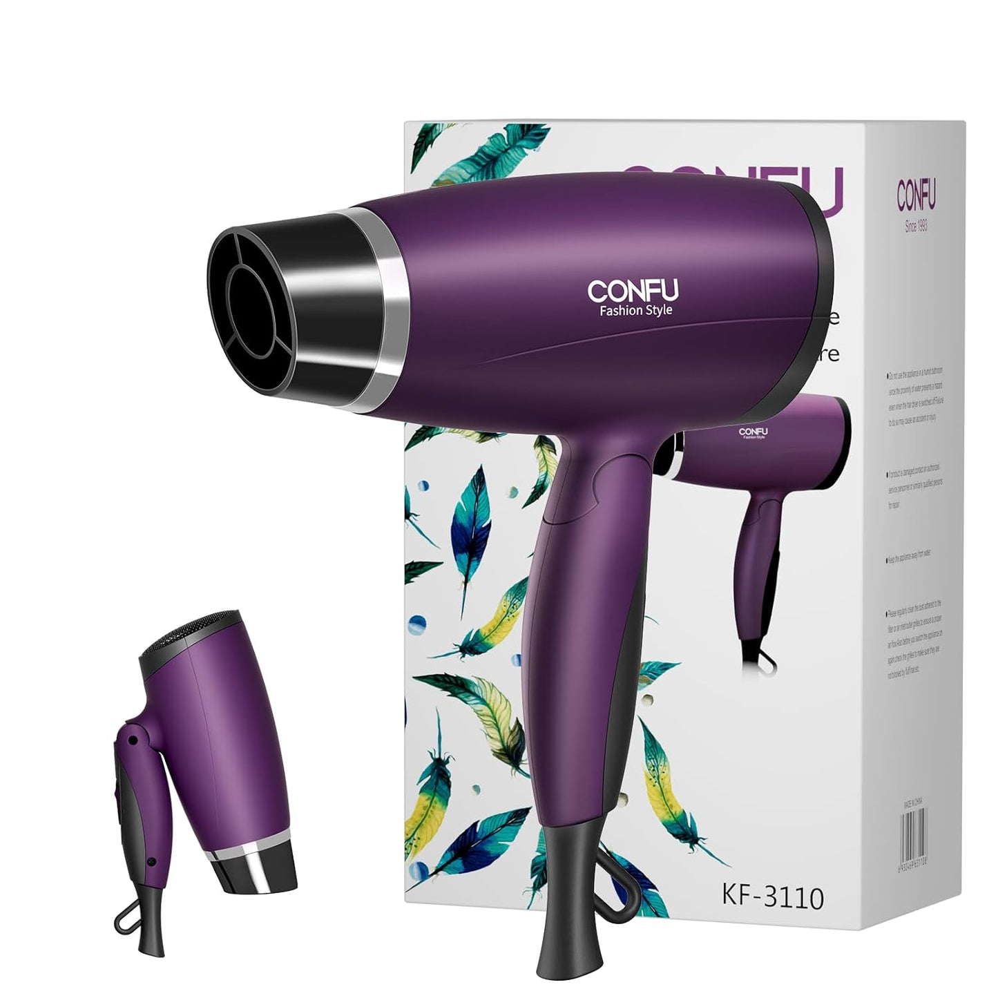 CONFU 1600W Klein Draagbare Reis-Haardroër met Opvoubare Handvatsel, Liggewig Haardroërs vir Vroue, Keramiek-Toermalyn Ioniese Haardroërs met Spuitstuk, Mini Haardroër, Pers
