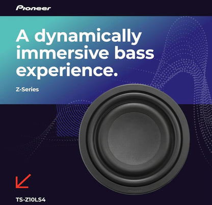 Pioneer TS-Z10LS4 10” Oorgroot Subwoofer, Vlak Ontwerp, Maklike Installasie en Buigsame Pasvorm, 1300 Watt Spitskrag, Enkel 4 Ohm Stemspoel vir Diep, Verbeterde Bassweergawe
