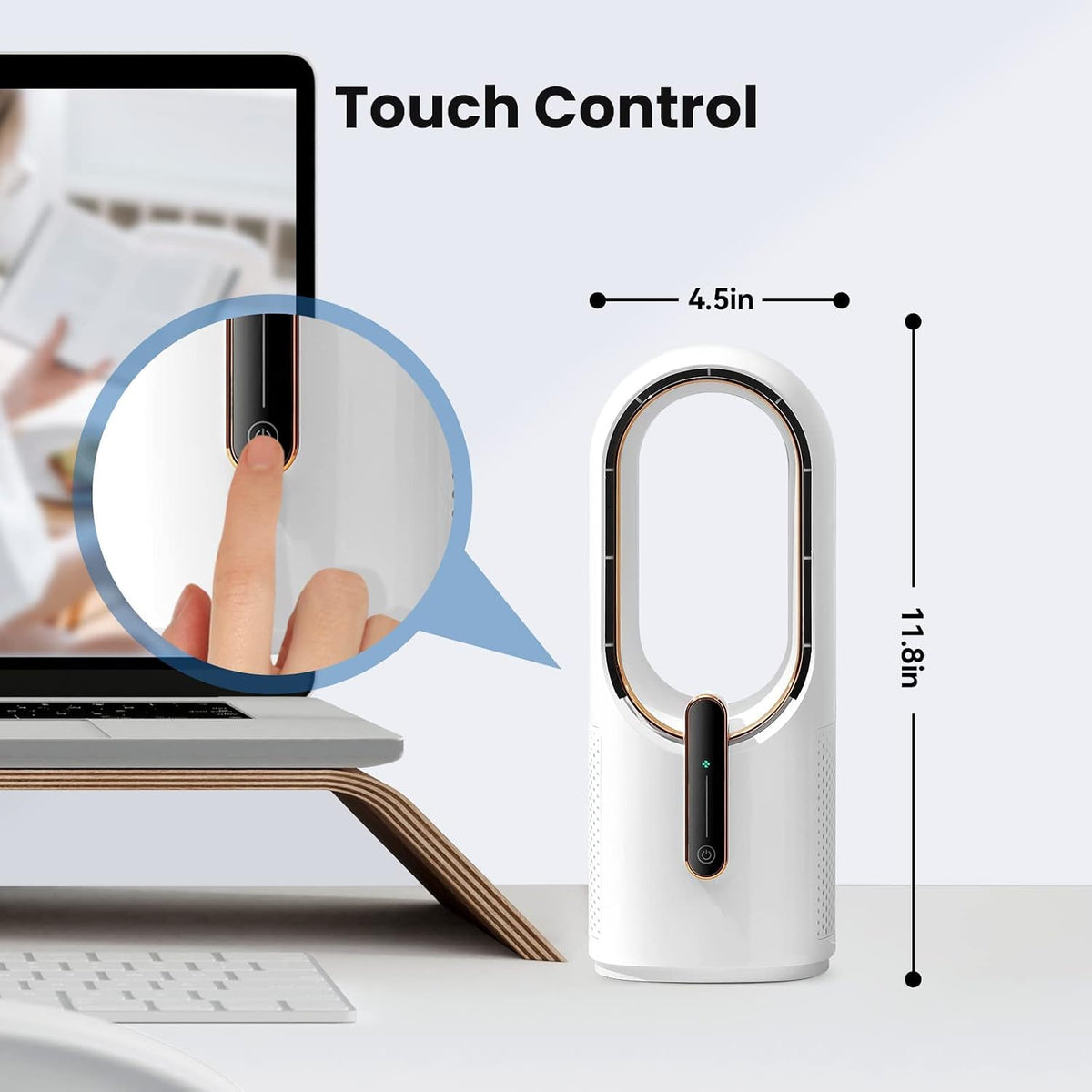 Desk Fan Bladeless, 11.8 Inch Office Fan Small, Quiet, 3 Speed Adjustment, Touch Control, Easy to Clean, Desk Fans Small Quiet, Ideal for Office, Living Room, Bedroom  - White/Gold