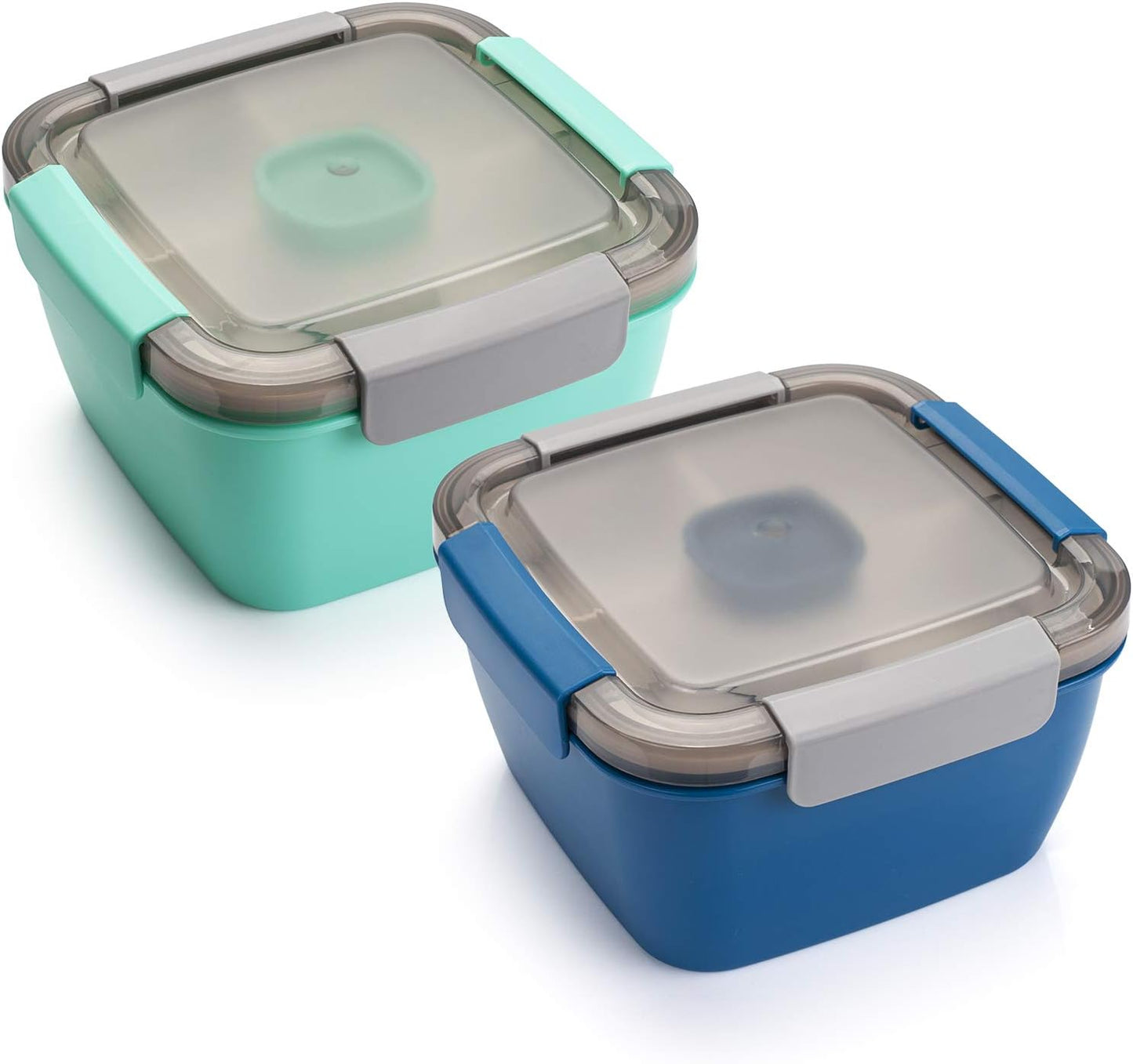 Freshmage Slaaie Middagetebak Houer, 2 Pakke 52-oz Slaaibakke met 3 Kompartemente, Slaaisoushouer vir Slaaivulsel, Peuselhappies, Mans, Vroue (Blou+Groen)