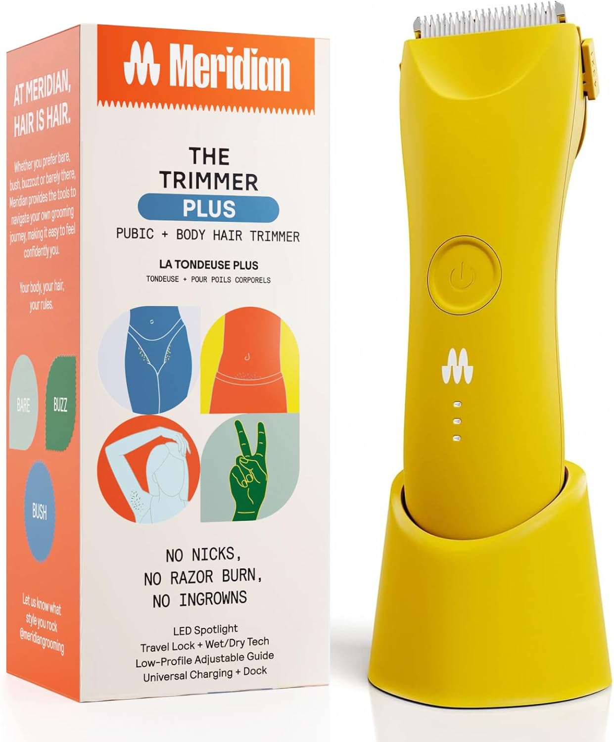 MERIDIAN Trimmer Plus Body Hair Manscaping for Mean & Women, Adjustable Guard, USB C Charging, Flash Light, Travel Lock, Charging Dock, Bikini Grooming - Solar