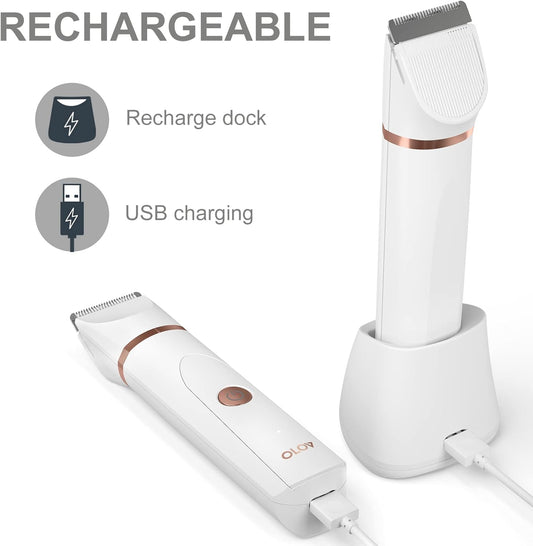 OLOV Elektriese Liggaamshaartrimmer - Kruistrimmer vir Mans - Bikini-trimmer vir Vroue - Nat/Droë Skeerapparaat, Vervangbare Keramieklemkoppe, USB-laaidok, Waterdigte Higiëniese Skeermesse, Wit
