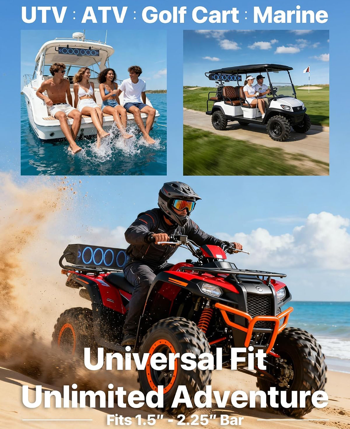 34" 8-Speaker UTV SoundBar w/ Bluetooth, IP66 Waterproof600W Peak Power, RGB lights, FM Radio/USB/AUX, Sync Mode, Fits 1.5"-2.25" Roll Cages for UTVs, Golf Cart, SXS, ATVs & Marine