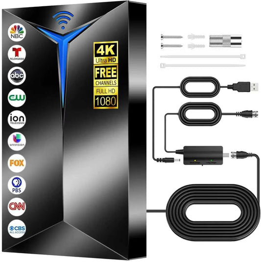 Premium Langreikafstand TV-antenna – 3500+ Myl Dekking, Ingeboude Seinversterker, 26FT Koaksiale Kabel, Ondersteun 4K/8K/1080p vir Binne-, Buite-, Slim- en Ouer TV's