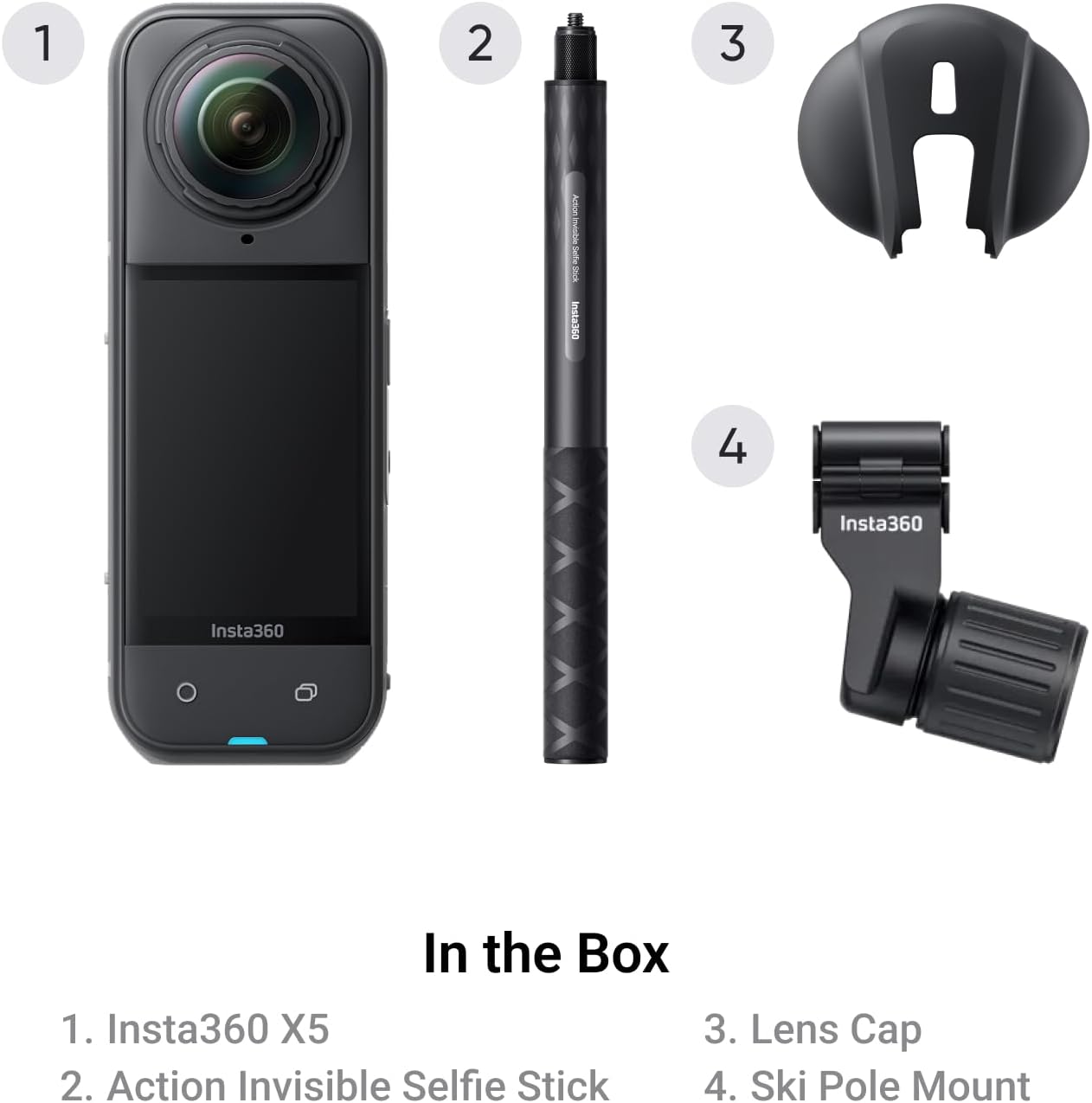 Insta360 X5 Ski Bundle - Waterproof 8K 360 Camera, Invisible Selfie Stick Effect, Leading Low Light, Rugged & Replaceable Lens, 3-Hour Battery, Clear Audio, Stabilization