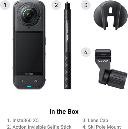 Insta360 X5 Ski Bundle - Waterproof 8K 360 Camera, Invisible Selfie Stick Effect, Leading Low Light, Rugged & Replaceable Lens, 3-Hour Battery, Clear Audio, Stabilization