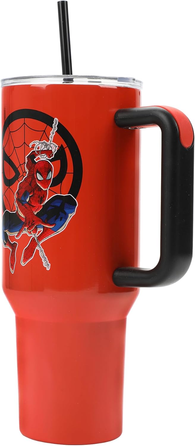 Insulated Stainless Steel Tumbler w/ Reusable Straw & Leak-Proof Lid Easy Carry Handle 40oz (Spiderman)