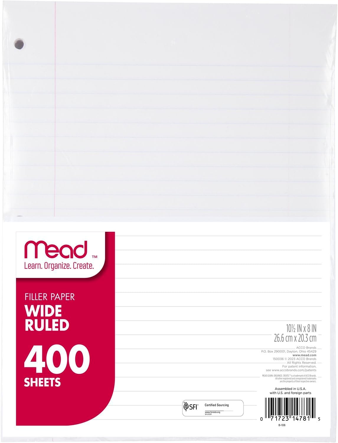 Mead Loose Leaf Paper, Wide Ruled Filler Notebook Paper, 8" x 10-1/2", 400 Sheets, Fits 3-Ring Binder (Pack of 2)