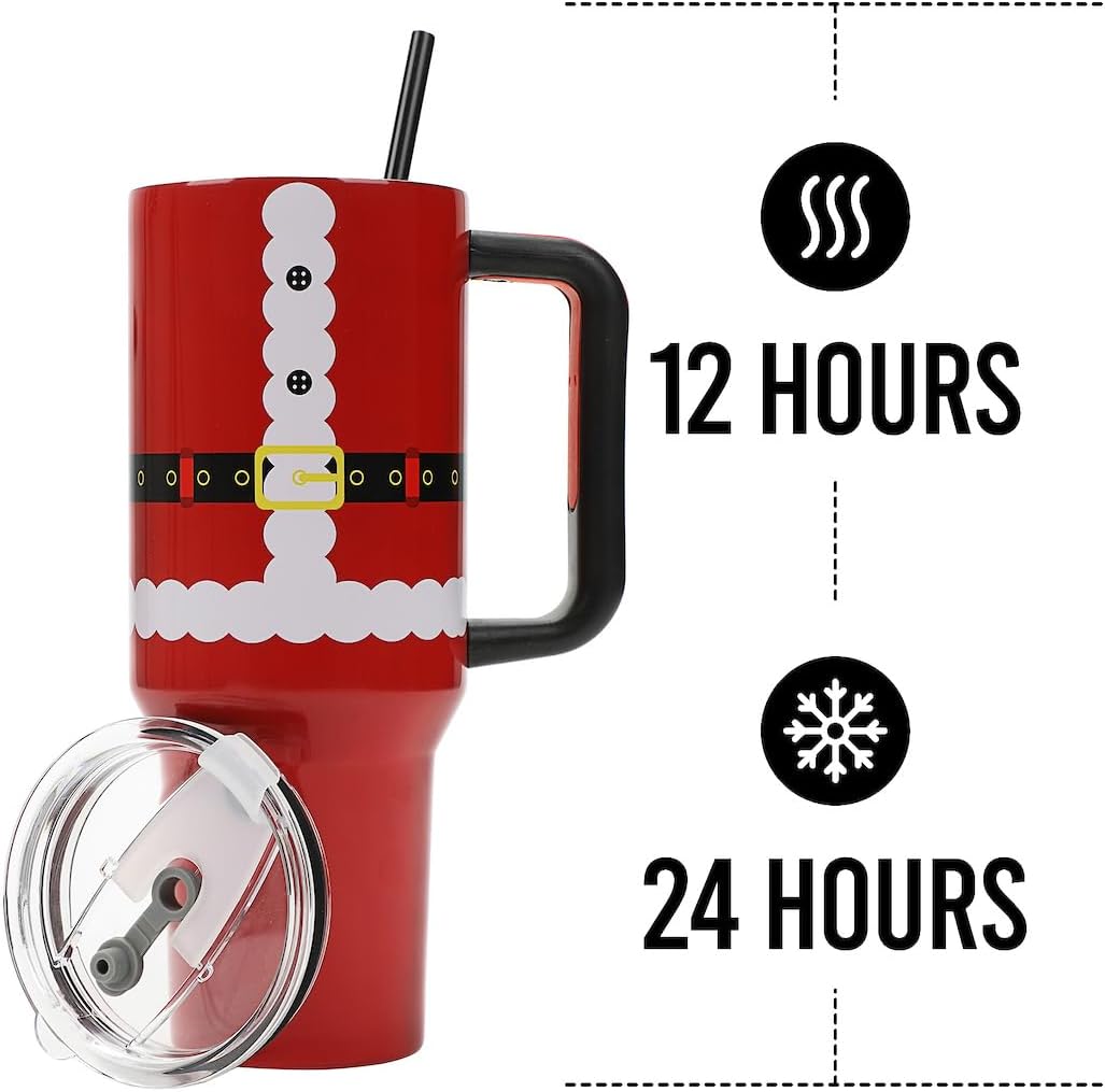 Insulated Stainless Steel Tumbler w/ Reusable Straw & Leak-Proof Lid Easy Carry Handle 40oz (Santa Suit)