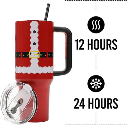 Insulated Stainless Steel Tumbler w/ Reusable Straw & Leak-Proof Lid Easy Carry Handle 40oz (Santa Suit)
