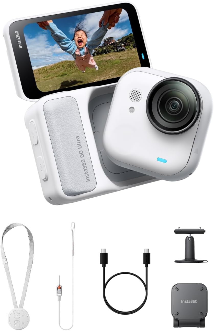 Insta360 GO Ultra Essentials Bundle - Small 4K Vlogging Camera, Hands-Free, POV Cam, 1/1.28" Sensor, 53g Lightweight, 156° FOV, 200 Min Battery Life, Magnetic Wearable Action Camera for Sports, Vlog