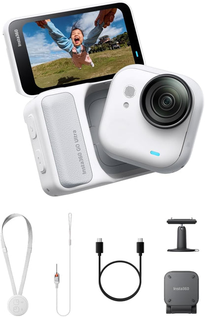 Insta360 GO Ultra Essentials Bundle - Small 4K Vlogging Camera, Hands-Free, POV Cam, 1/1.28" Sensor, 53g Lightweight, 156° FOV, 200 Min Battery Life, Magnetic Wearable Action Camera for Sports, Vlog