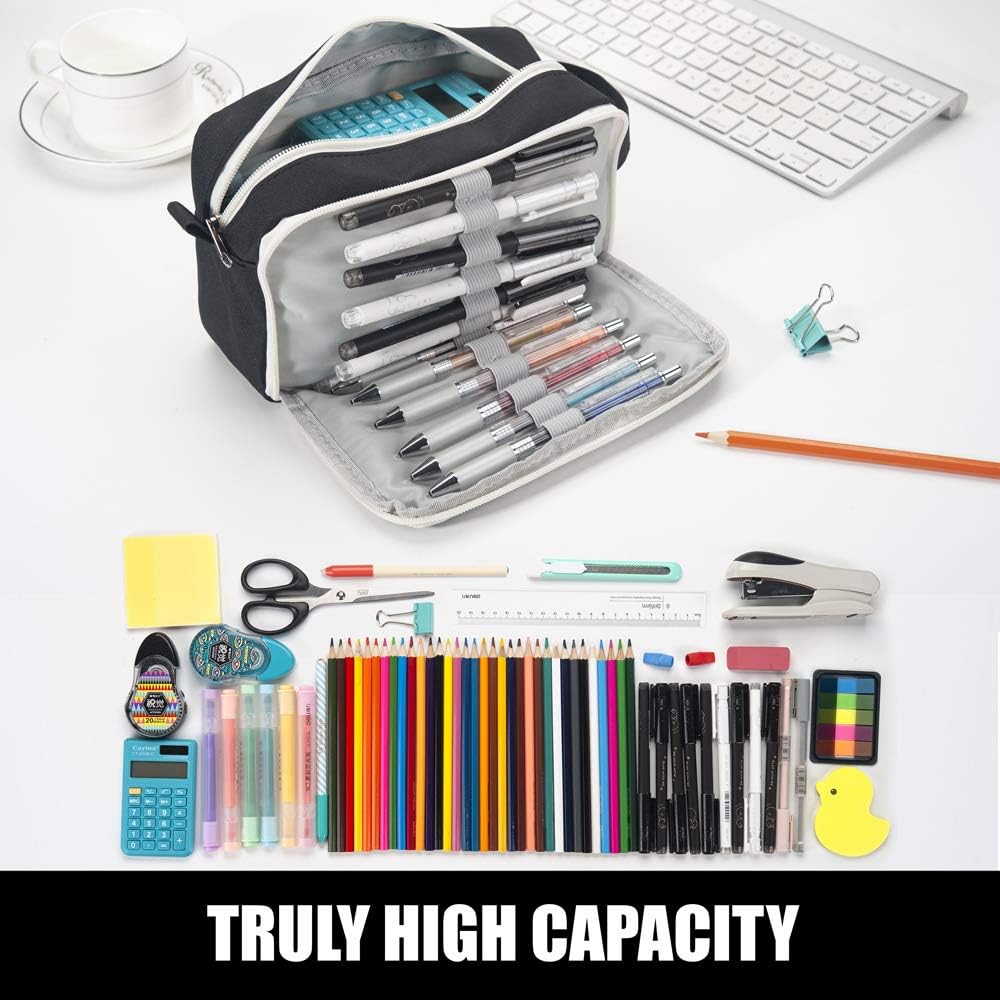 High Capacity Pencil Case, Big Pencil Bag Pouch Box Organizer Pen Case, Portable Journaling Supplies with Easy Grip Handle & Loop, Asthetic Supply for Girls Adults, Black