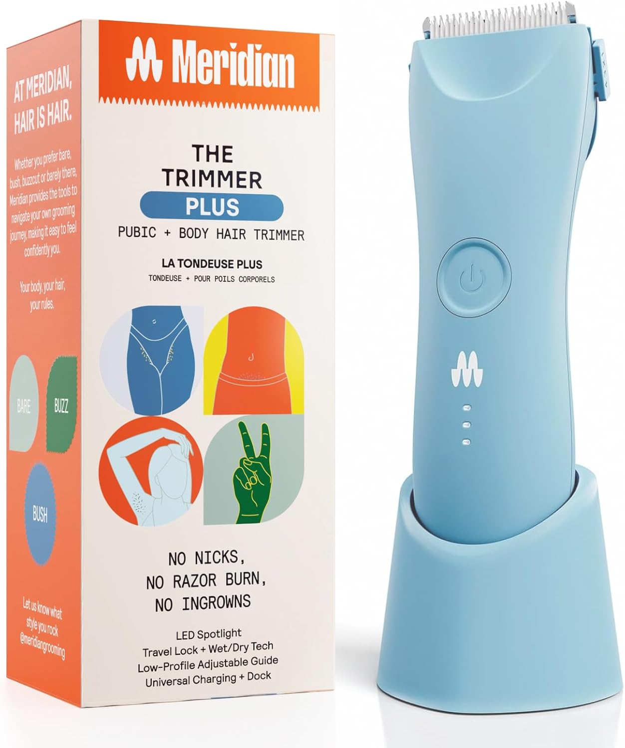 MERIDIAN Trimmer Plus Body Hair Manscaping, Adjustable Guard, USB C Charging, Flash Light, Travel Lock, Charging Dock, Bikini Trimmer, Mens Body Hair - Sky