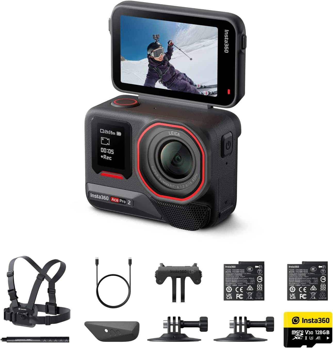Insta360 Ace Pro 2 Winter Bundle Dual Battery - 8K Waterproof Action Camera Co-Engineered with Leica, 1/1.3" Sensor, Dual AI Chip, Leading Low Light, Superior Audio, Flip Screen & AI Editing for Vlogs