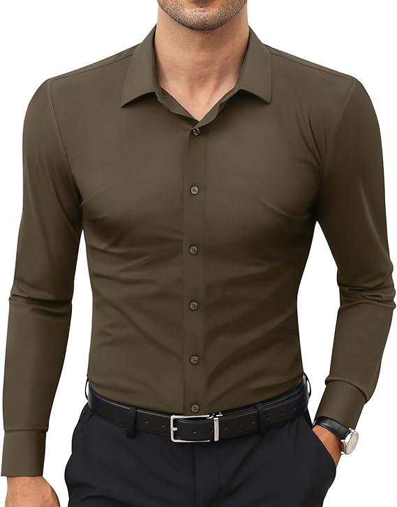 Mans Langmou Slim Fit, Spiervas, Kreukelvry, Knoop-af Rekbaar