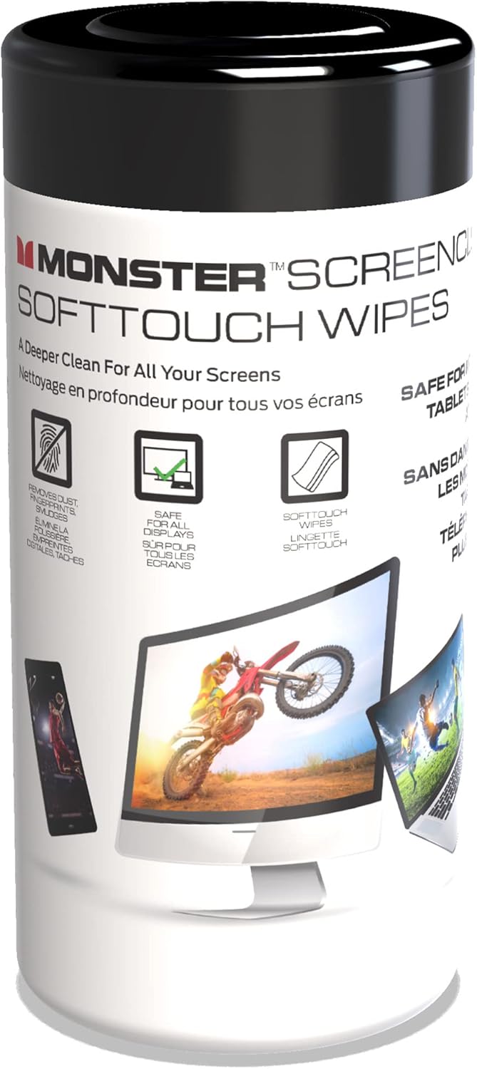 Monster ScreenClean Soft Touch Wipes, Screen Cleaner Wipes for Computer Screens, TV, Phones, Tablets, and Car Touch Screens, Home Office, 70 Count