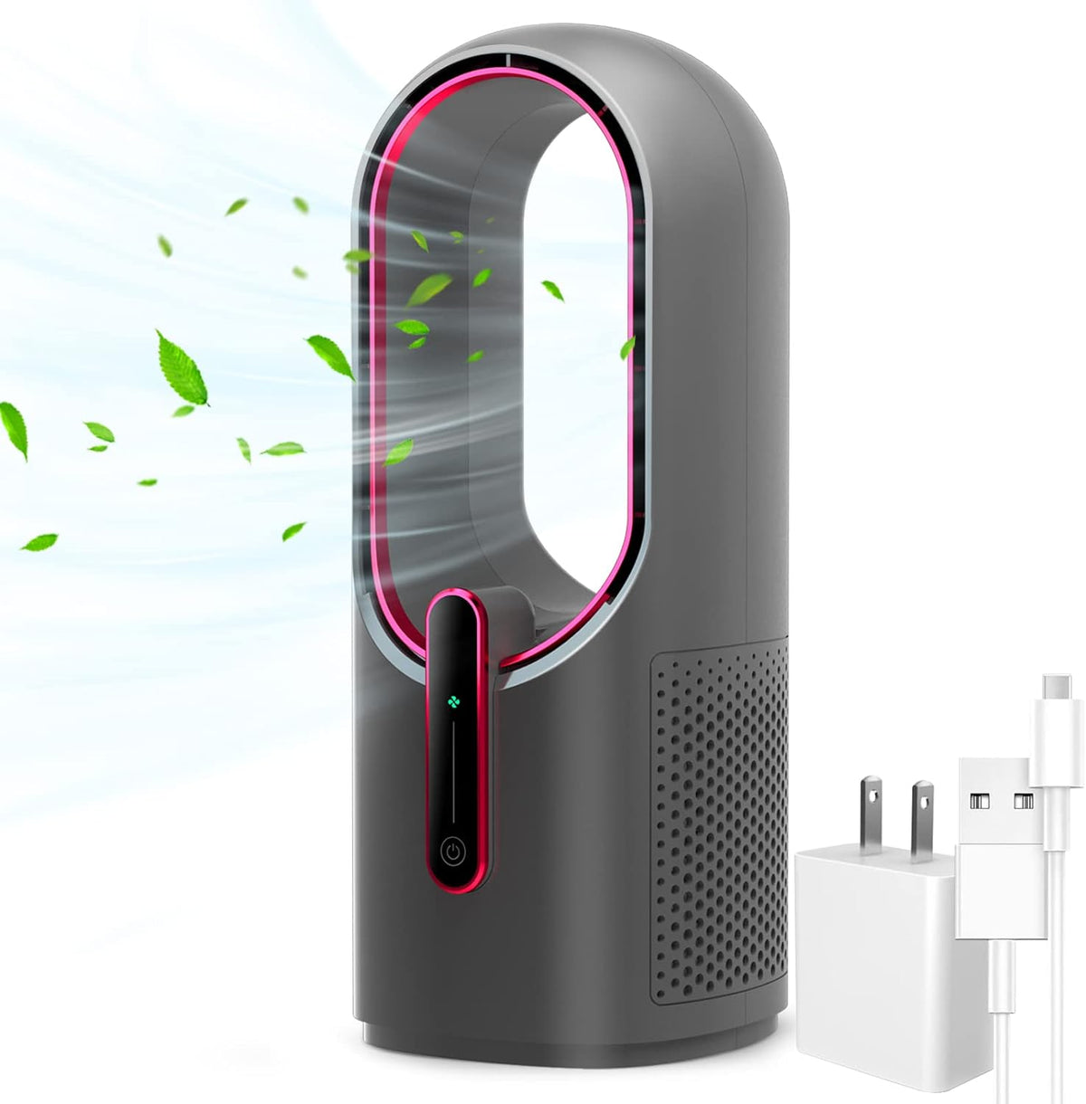 Desk Fan Bladeless, 11.8 Inch Office Fan Small, Quiet, 3 Speed Adjustment, Touch Control, Easy to Clean, Desk Fans Small Quiet, Ideal for Office, Living Room, Bedroom  - Gray/Red
